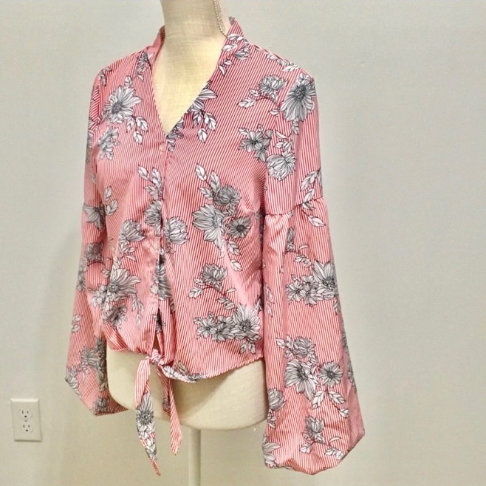 Haute Project Candy Striper Floral Balloon Sleeve Shirt M